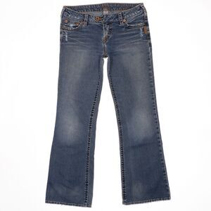 Silver Jeans Womens 30 Flared Distressed Low Mid Blue Denim Measures 31 x 29